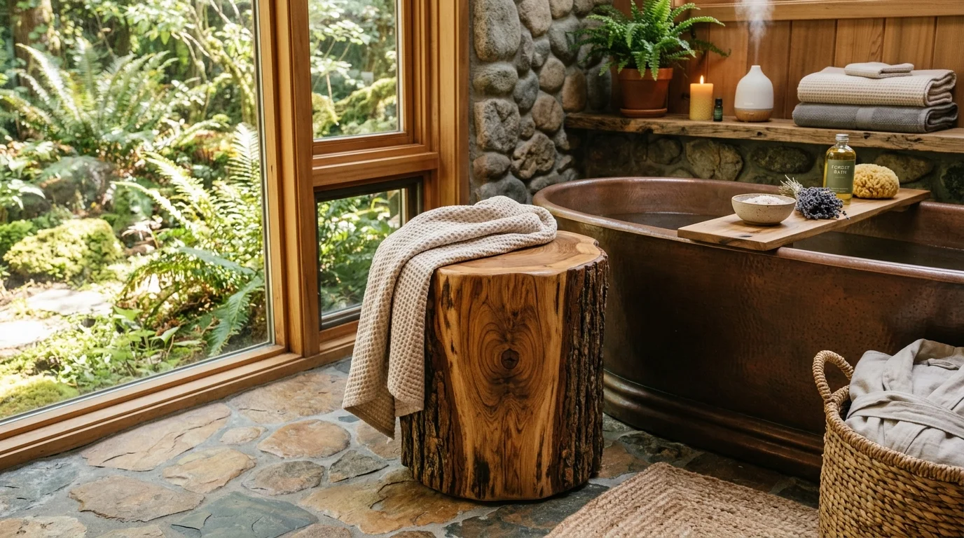 Tree stump bathroom stool with natural wood finish, soft towel draped over, and spa-like setting for earthy relaxation no people