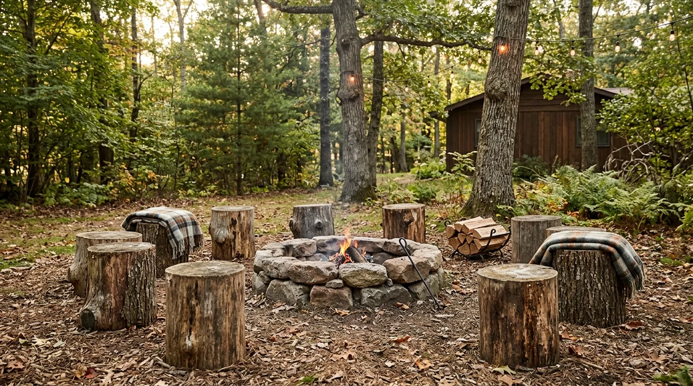 Outdoor tree stump seating arranged around a fire pit with natural surroundings for rustic backyard charm no people