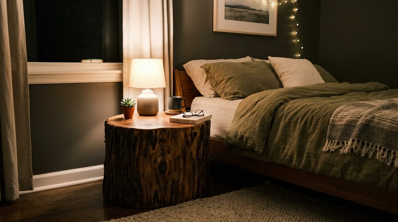 Tree stump nightstand with smooth top surface, small lamp, and minimal decor for cozy bedroom accent no people