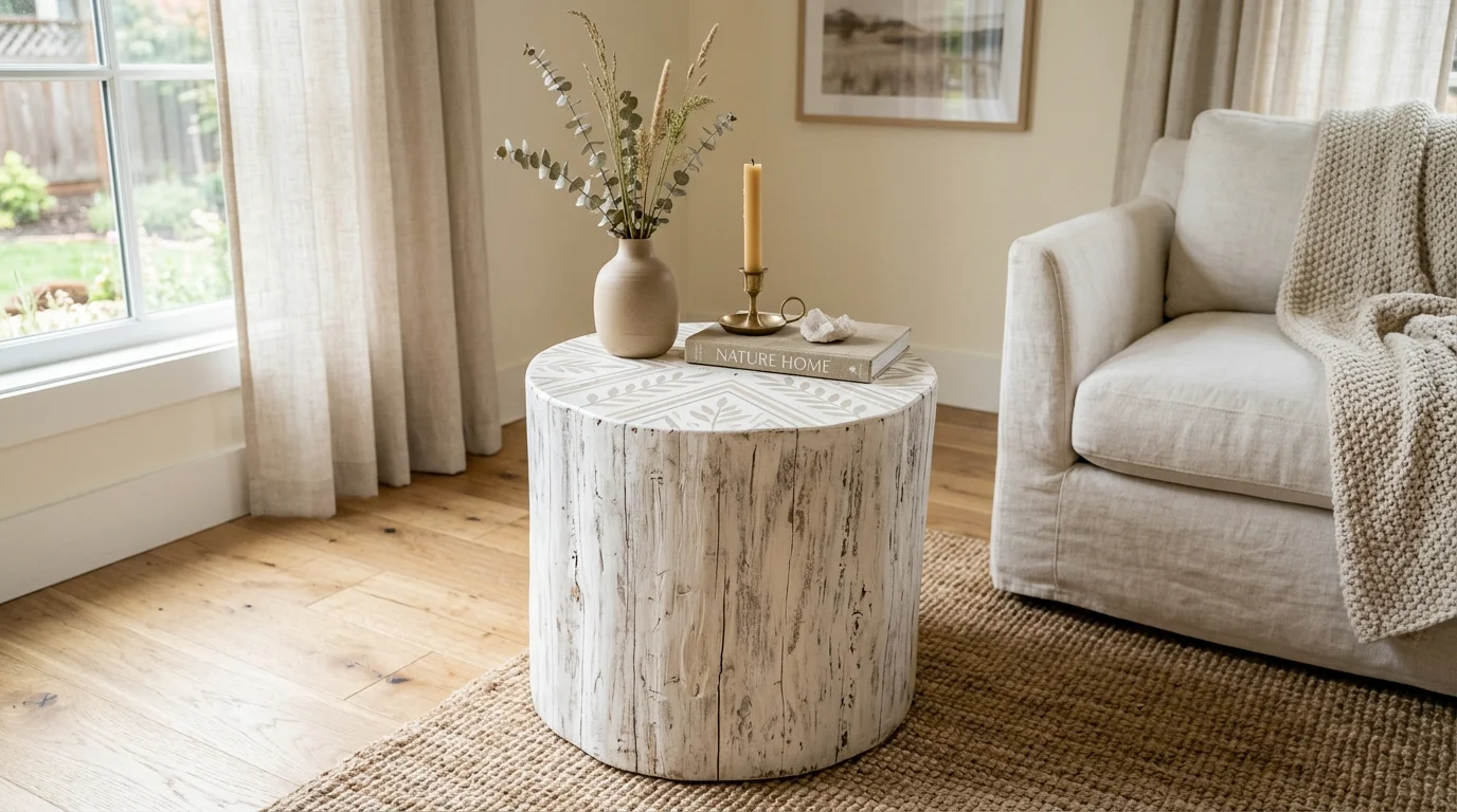 Painted tree stump decor with whitewashed finish, soft neutral tones, and subtle patterns for modern rustic blend no people