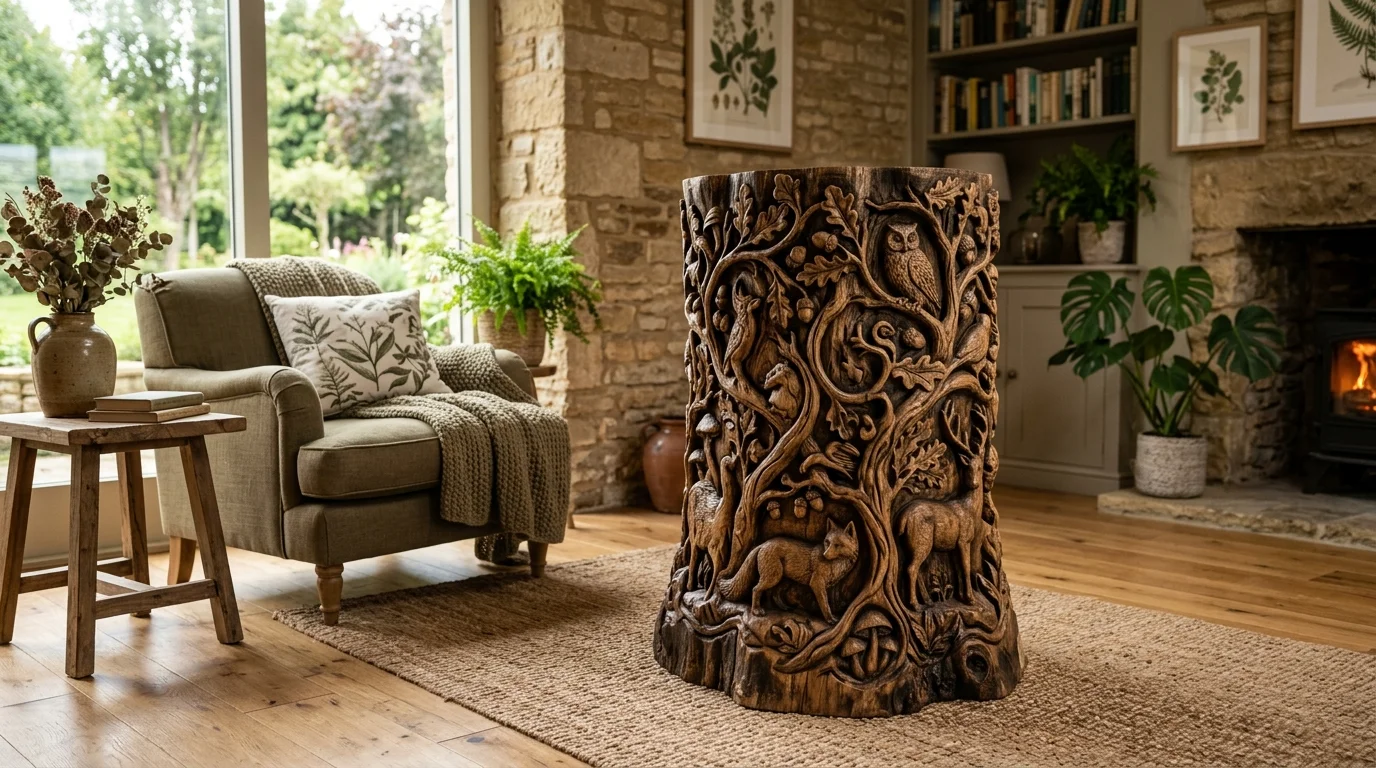 Carved tree stump sculpture with artistic detailing, used as a statement decor piece in natural-inspired interior no people