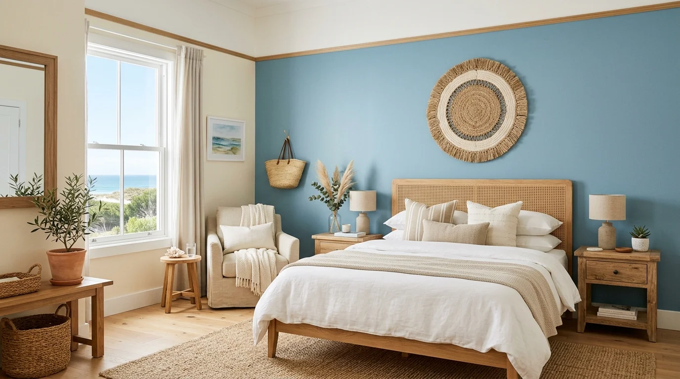 A bedroom with a feature wall painted in soft ocean blue paired with neutral bedding and woven decor bright natural lighting calming seaside aesthetic no people