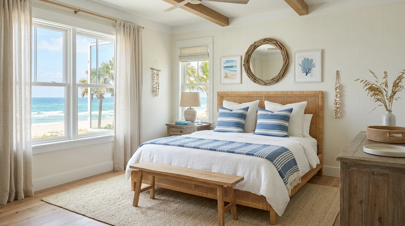 A coastal bedroom with a rattan bed frame striped pillows and a light jute rug soft daylight relaxed beach inspired design no people