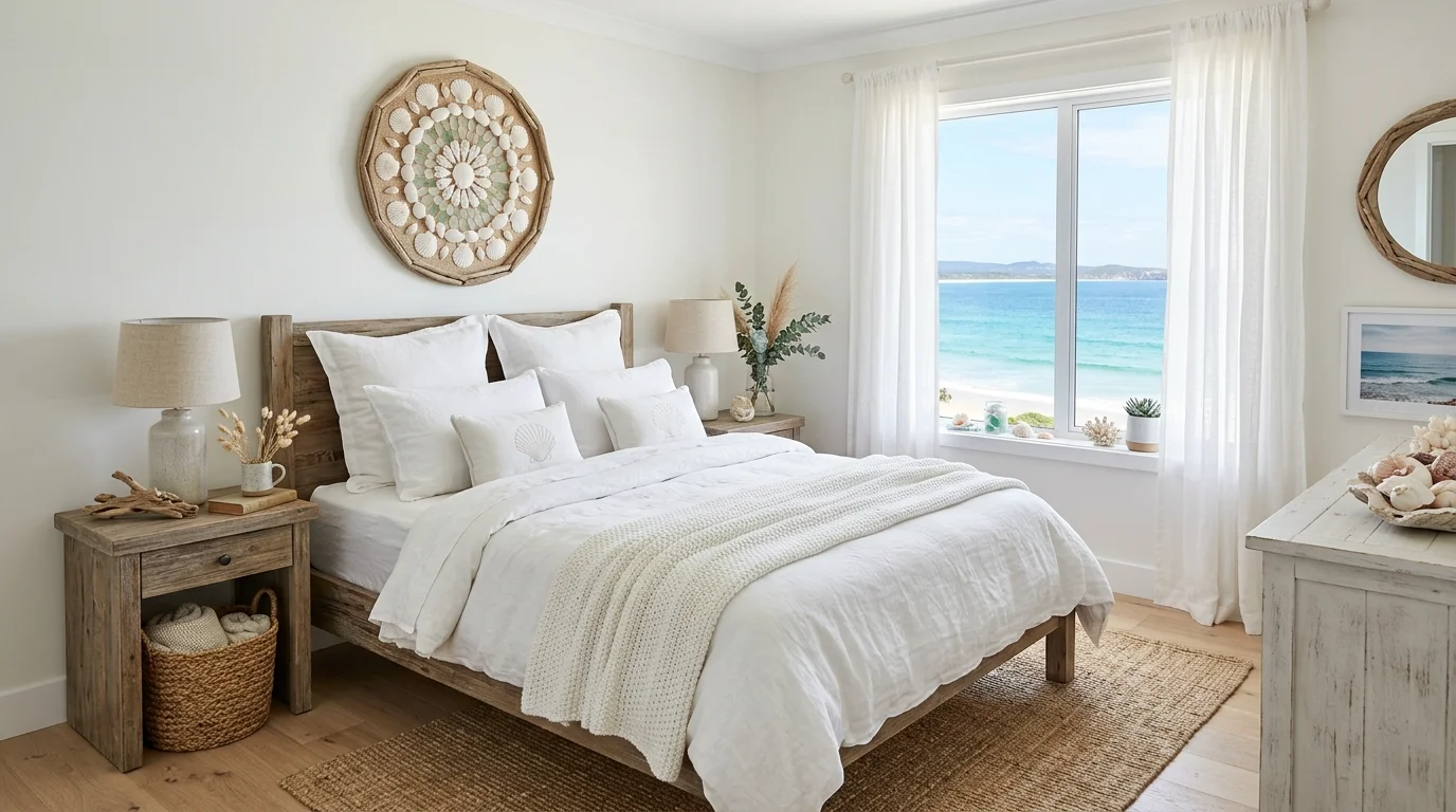 A bedroom styled with seashell decor driftwood accents and soft white bedding bright natural light fresh coastal charm no people