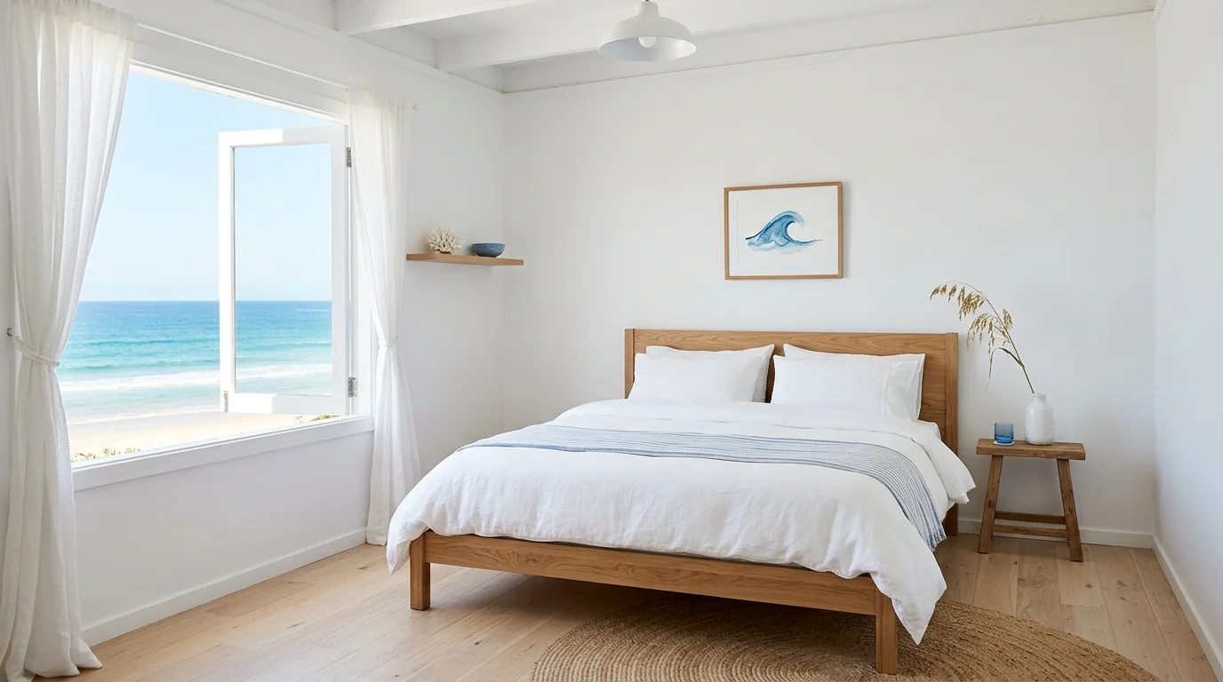 A minimal beach bedroom with white walls a simple wooden bed and subtle blue decor bright lighting clean calming ocean feel no people