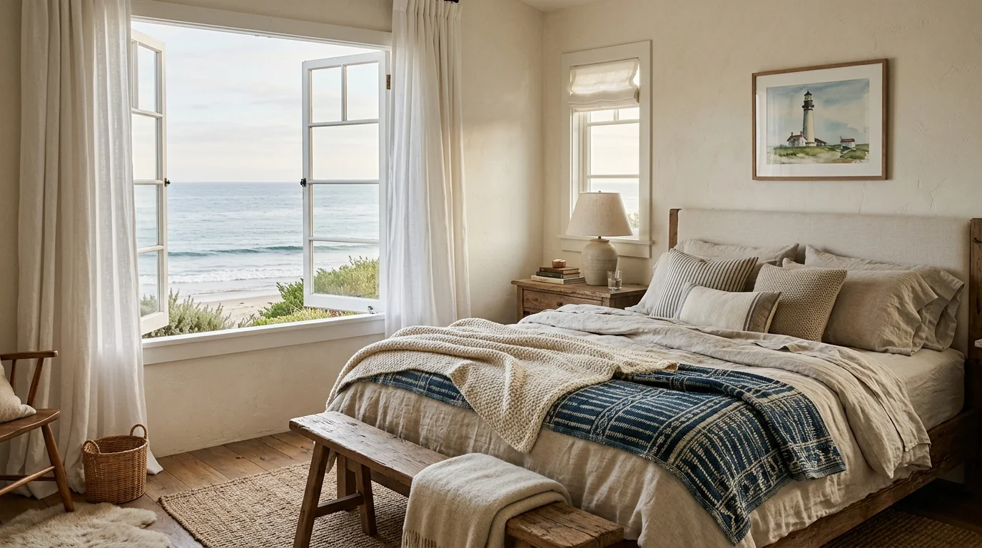 A cozy bedroom with layered textures including linen bedding woven throws and light curtains soft natural lighting peaceful seaside atmosphere no people
