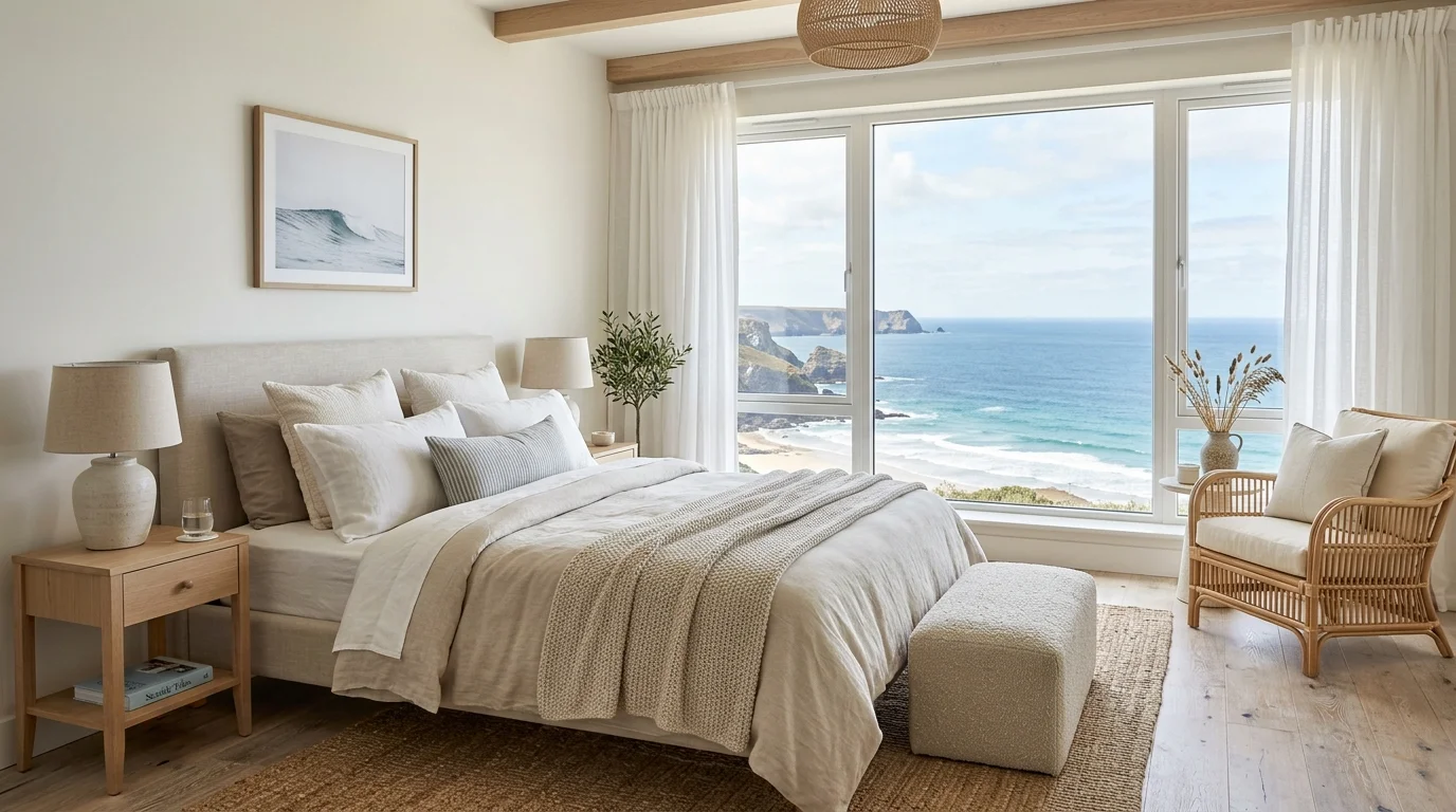A bedroom with a large window overlooking an ocean view paired with soft neutral decor bright natural light tranquil coastal retreat no people