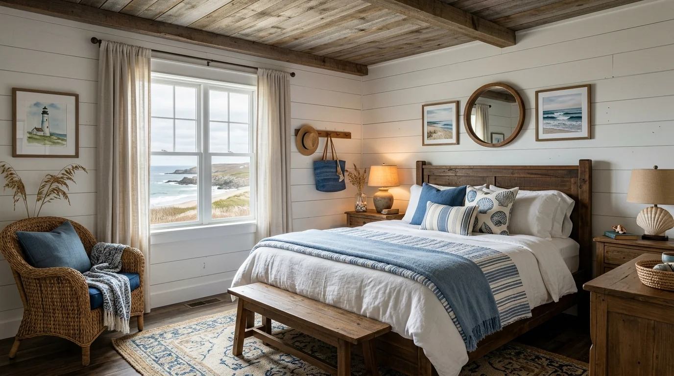 A coastal farmhouse bedroom with shiplap walls wooden furniture and blue accents soft warm lighting cozy beach cottage vibe no people