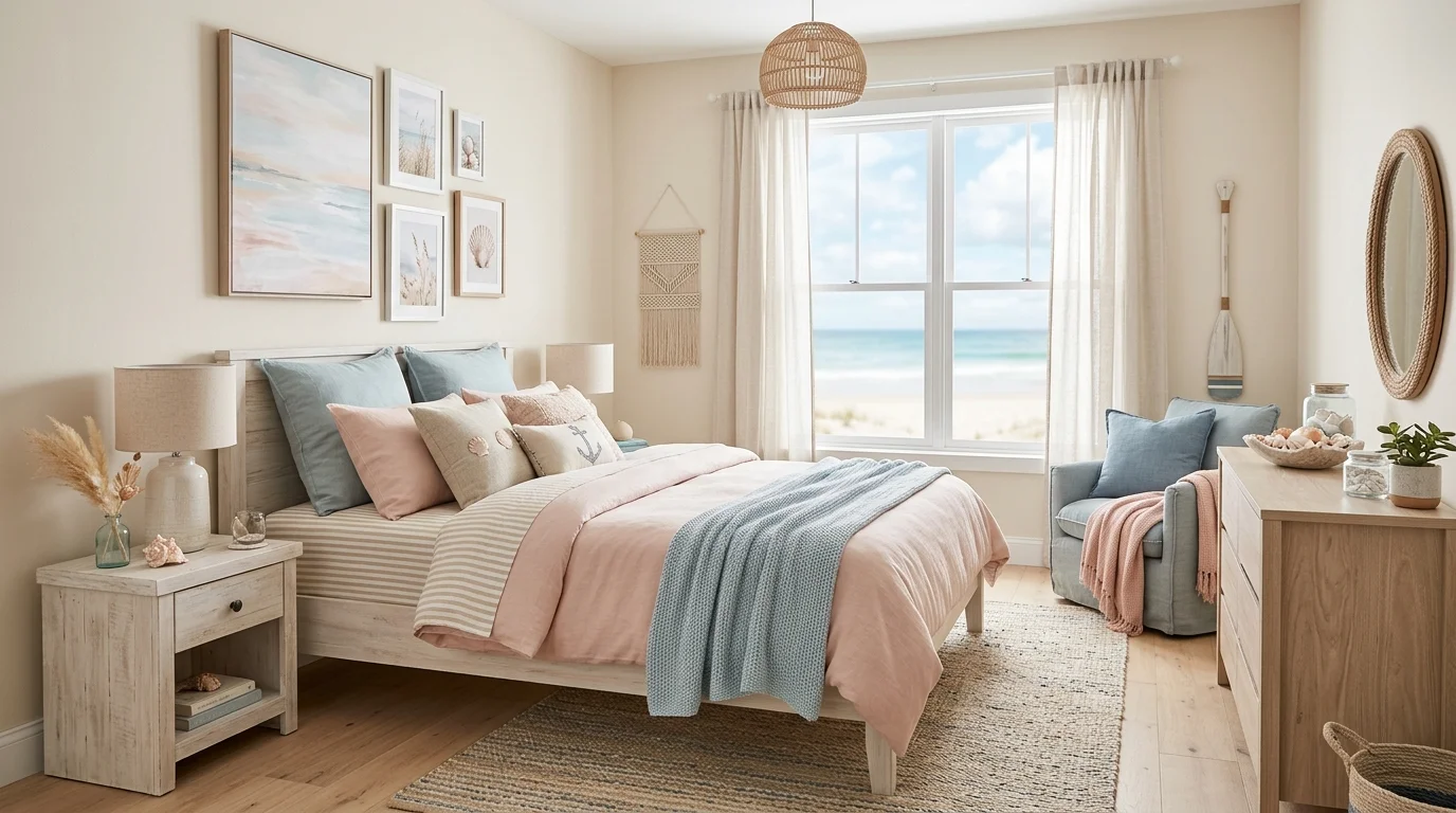A bedroom with pastel tones inspired by the beach including soft pink blue and sandy hues bright natural light dreamy coastal palette no people