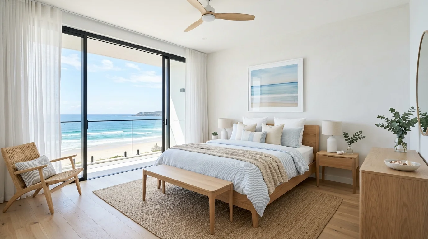 A modern coastal bedroom with sleek furniture light tones and minimal decor bright lighting fresh contemporary beach style no people