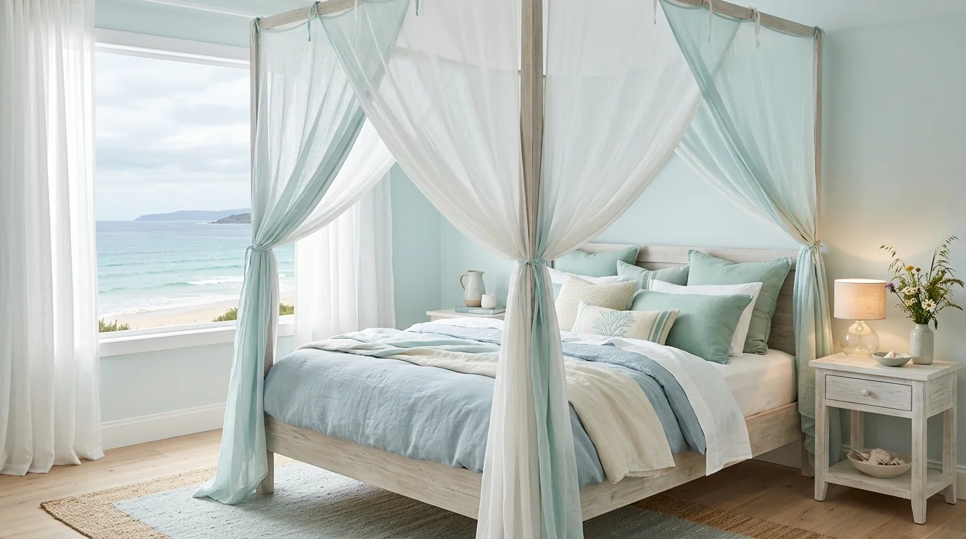 A bedroom with a canopy bed draped with light fabric and soft ocean inspired colors soft diffused lighting romantic coastal feel no people