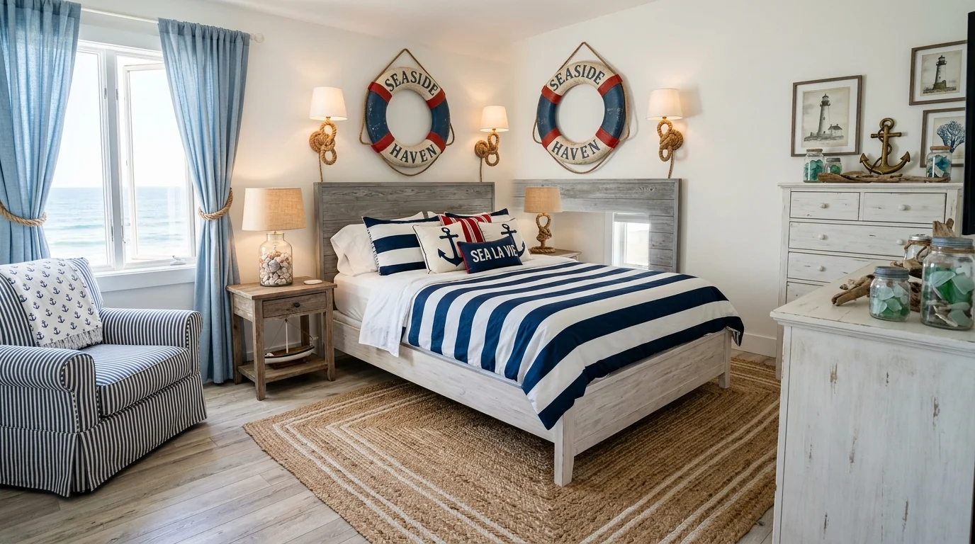 A beach bedroom with nautical decor including rope accents anchor motifs and striped textiles bright lighting classic seaside theme no people