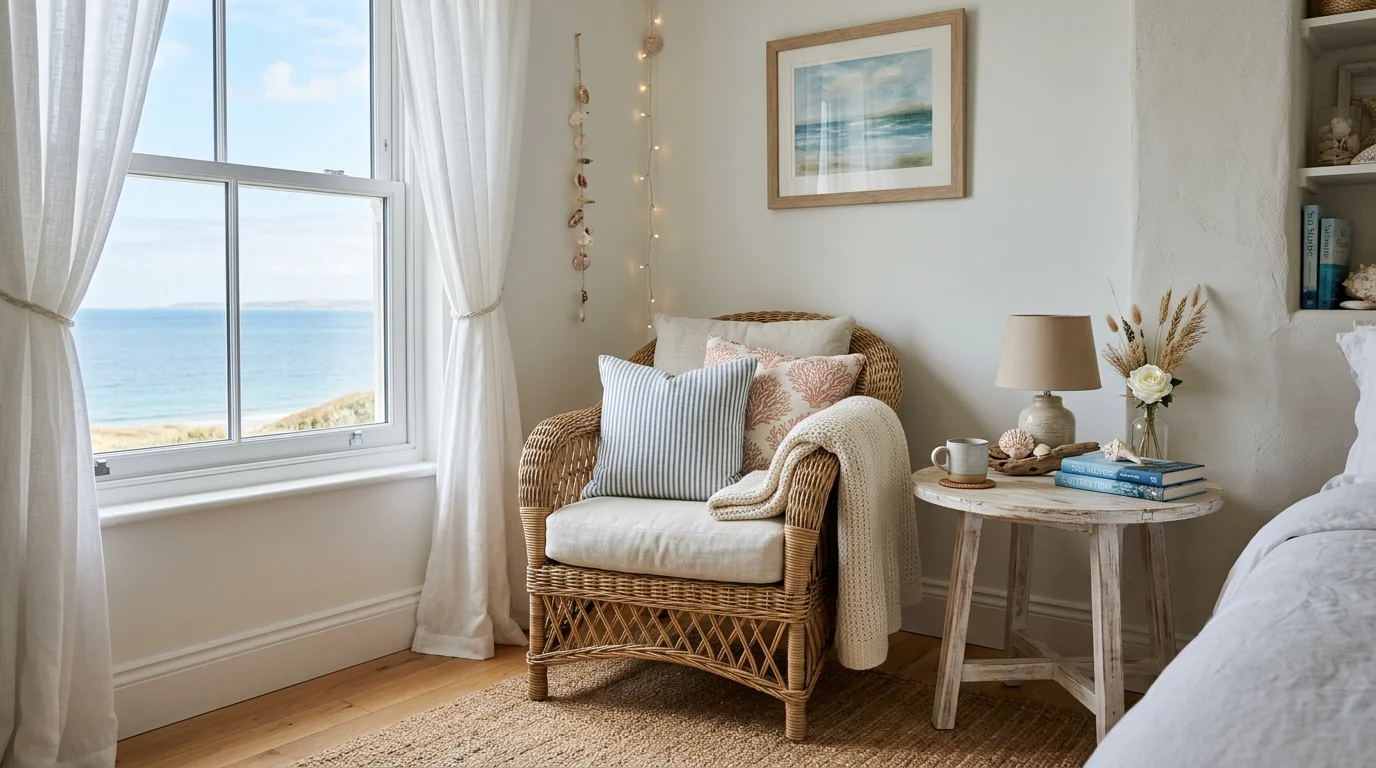 A serene bedroom corner with a wicker chair soft cushions and a small side table with coastal decor bright natural daylight relaxing ocean inspired nook no people