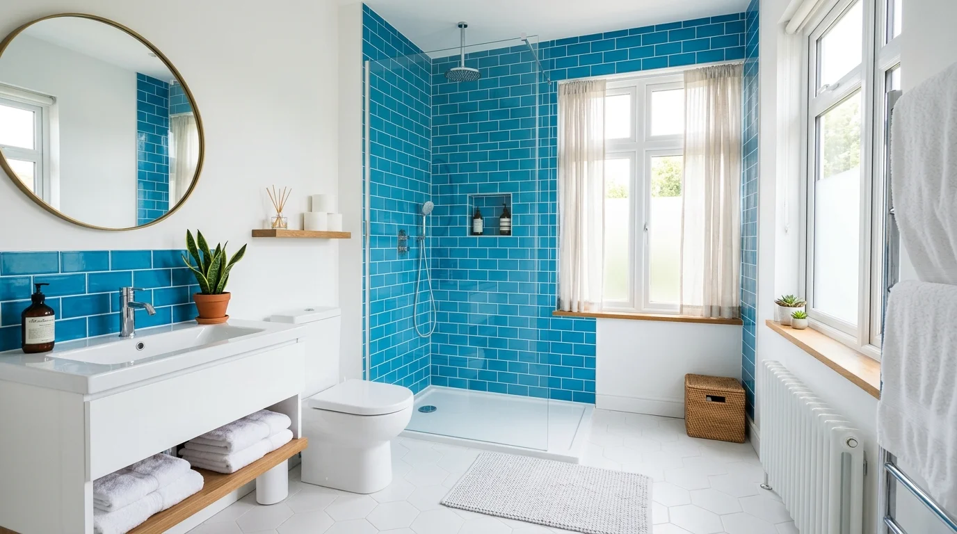 A bathroom with blue subway tiles covering the shower walls paired with white fixtures bright natural lighting fresh clean design no people