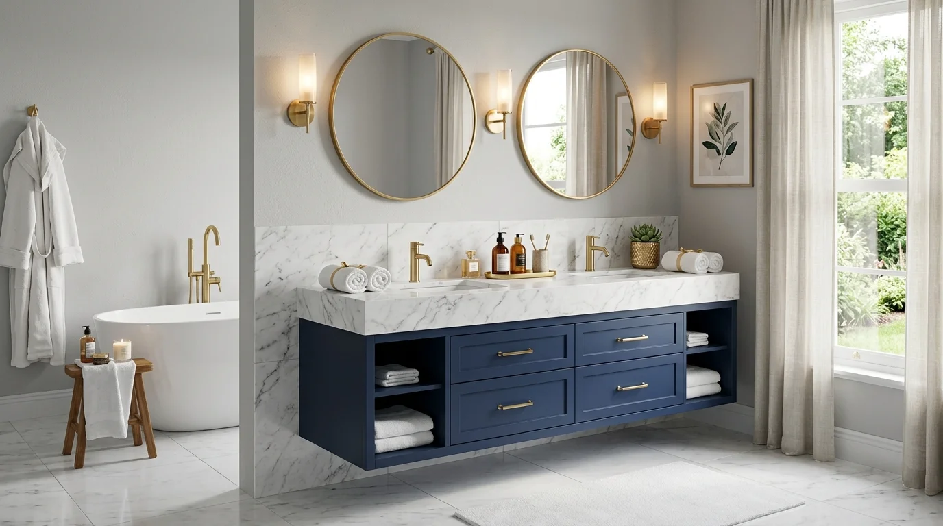 A spa like bathroom with navy blue vanity gold accents and marble countertop soft ambient lighting elegant calming feel no people