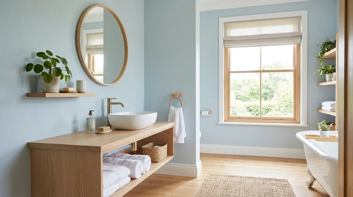 A bathroom with pale blue walls and light wood accents paired with a simple sink bright natural daylight airy peaceful vibe no people
