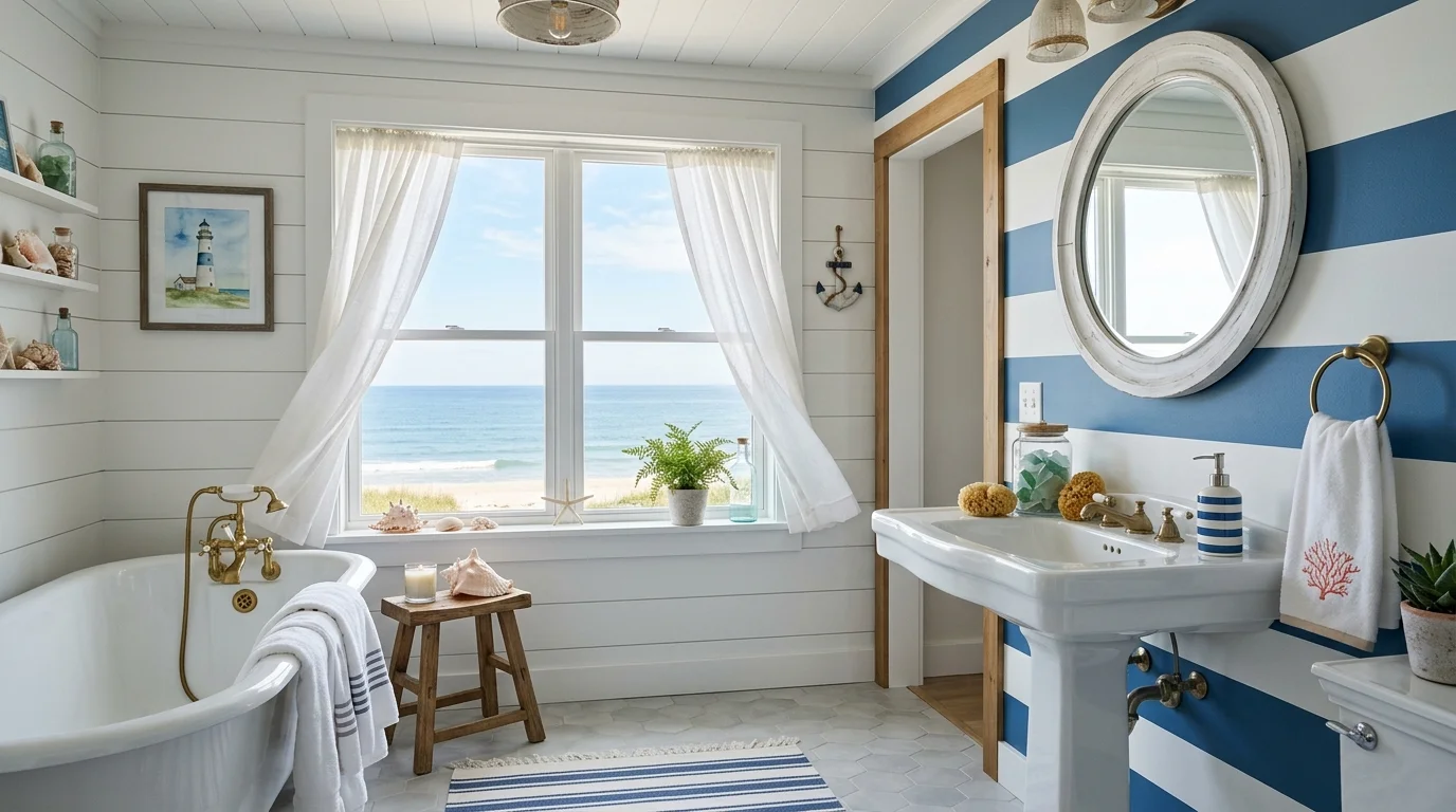 A coastal inspired bathroom with blue and white striped decor seashell accents and a bright window natural lighting breezy relaxing aesthetic no people
