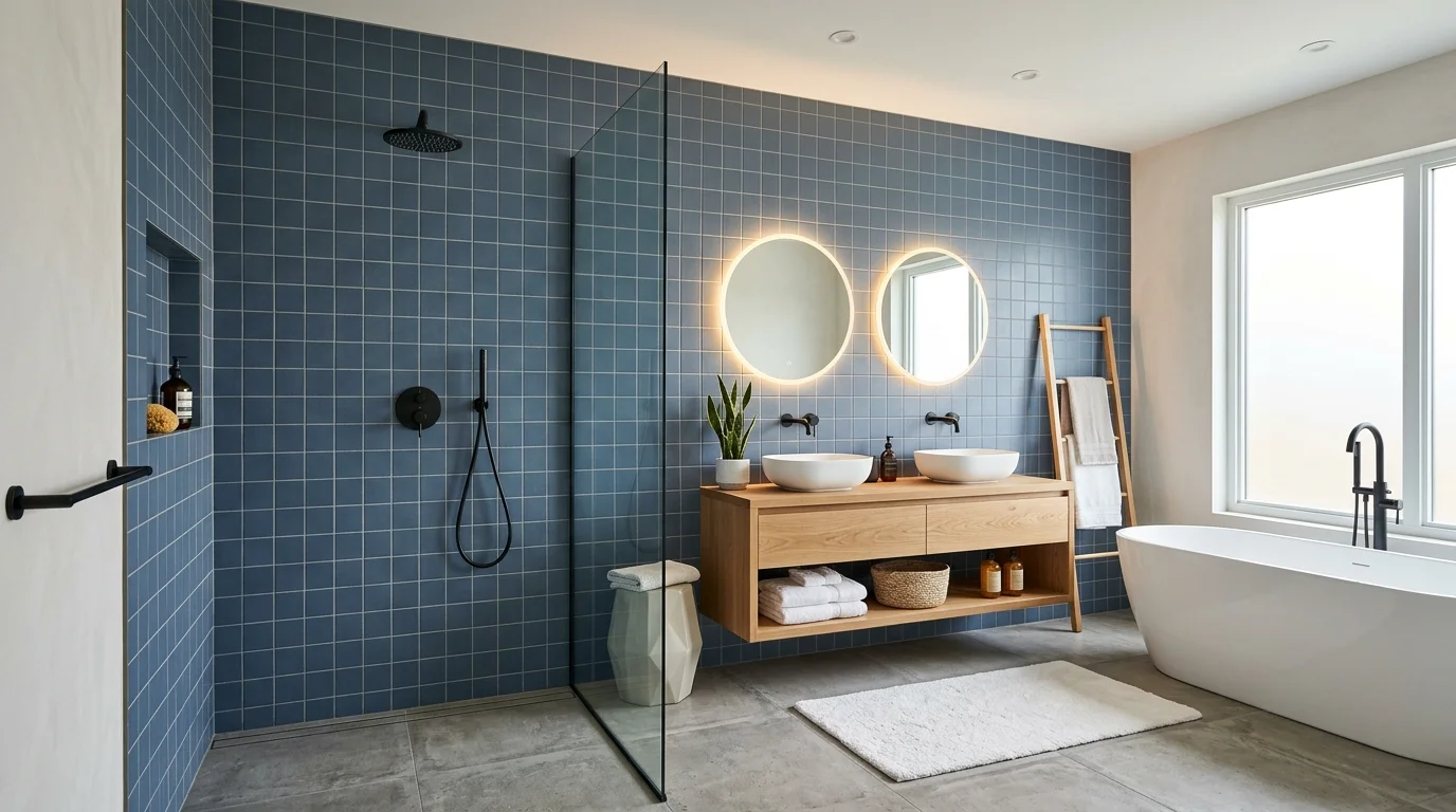 A modern bathroom with matte blue tiles and sleek fixtures soft lighting contemporary spa like design no people