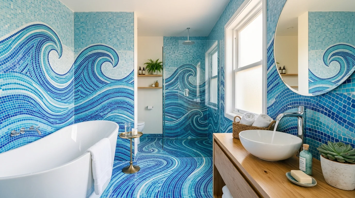 A bathroom with mosaic blue tiles in varying shades creating a wave effect bright lighting artistic calming environment no people