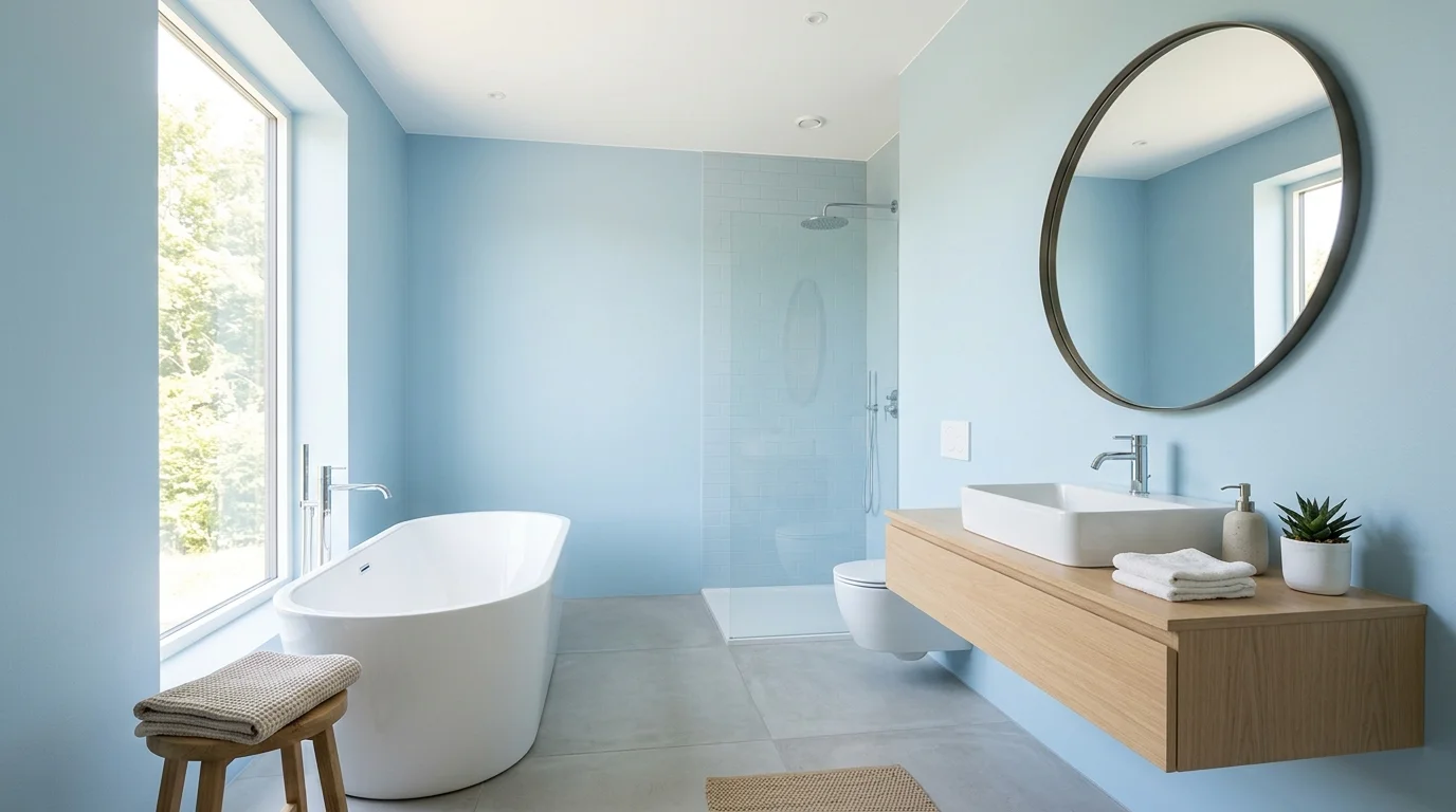 A minimalist bathroom with light blue tones simple decor and clean lines bright natural daylight serene uncluttered space no people