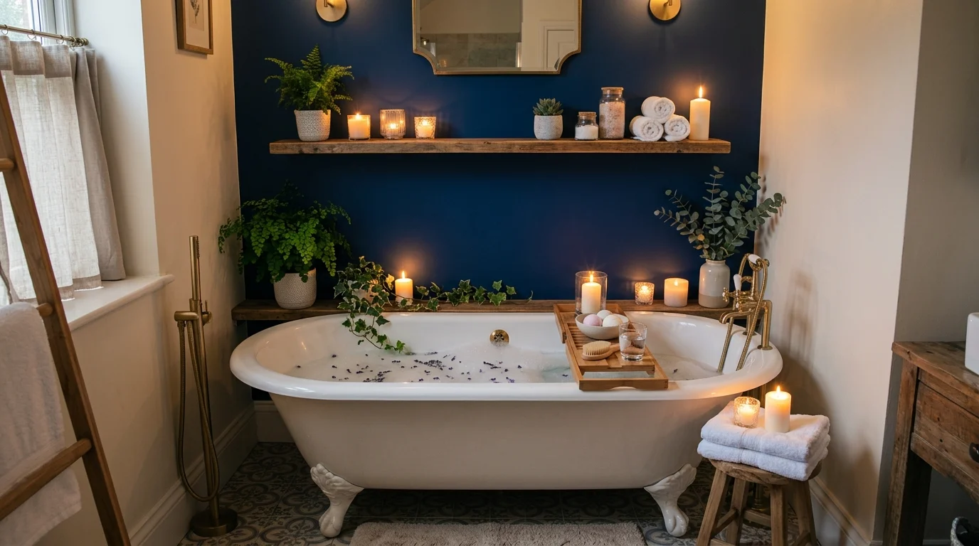 A bathroom with a blue accent wall behind a bathtub paired with candles and greenery soft warm lighting cozy spa feel no people