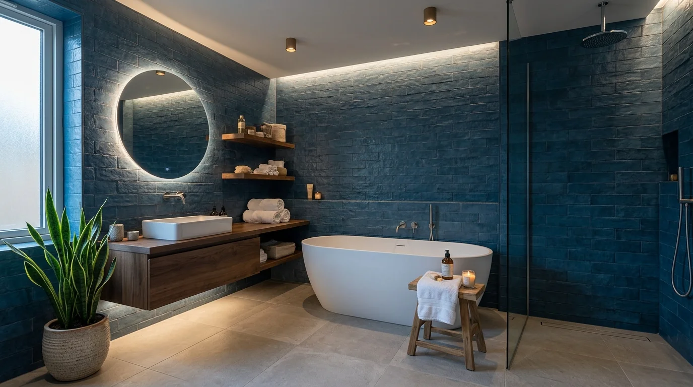 A bathroom with textured blue tiles and subtle lighting creating depth and calm atmosphere soft ambient lighting relaxing spa style no people