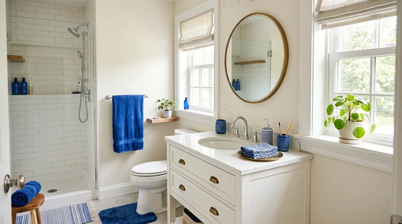 A small bathroom with blue decor accents like towels and accessories paired with neutral tones bright natural light subtle calming touch no people
