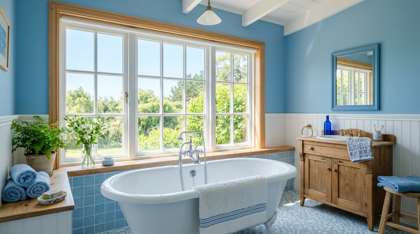 A bathroom with a large window letting in light over blue decor elements bright natural daylight tranquil refreshing setting no people