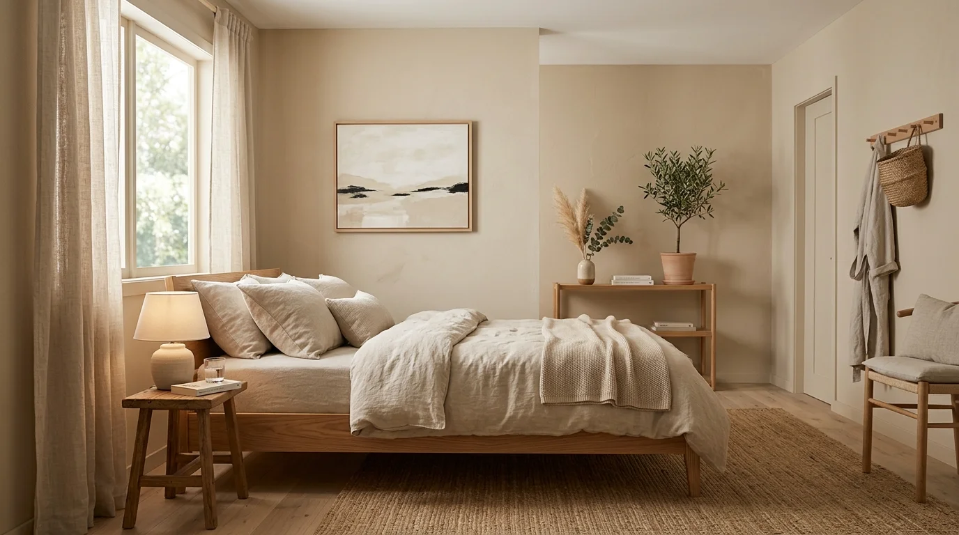 A bedroom with light beige walls linen bedding and minimal decor paired with a wooden bed frame soft diffused lighting tranquil restful design no people