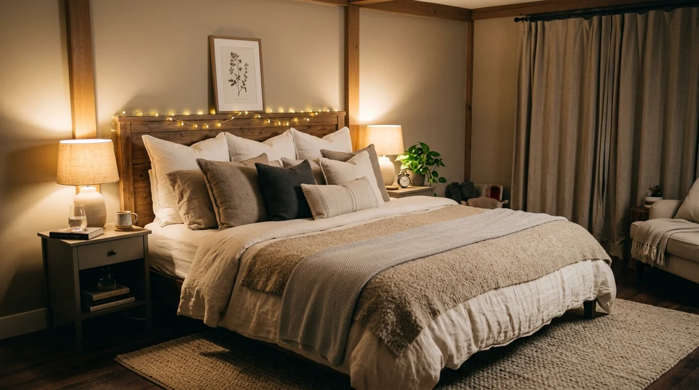A cozy bedroom with layered bedding including soft blankets and plush pillows in neutral shades warm ambient lighting inviting sleep sanctuary no people