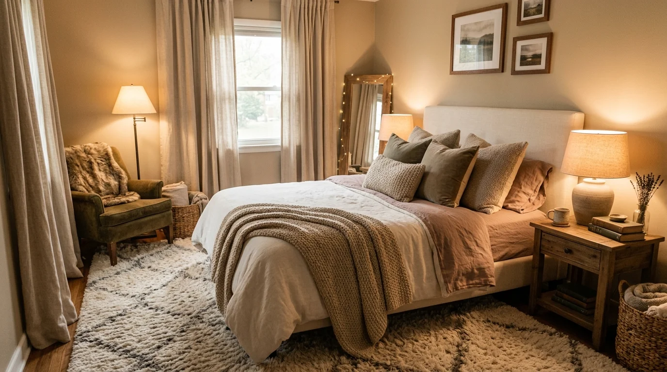 A modern bedroom with clean lines neutral colors and hidden storage bright lighting clutter free calming design no people