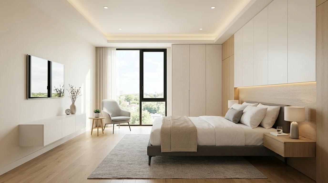 A bedroom with dimmable lighting soft lamps and candles creating a relaxing nighttime ambiance warm lighting peaceful retreat no people