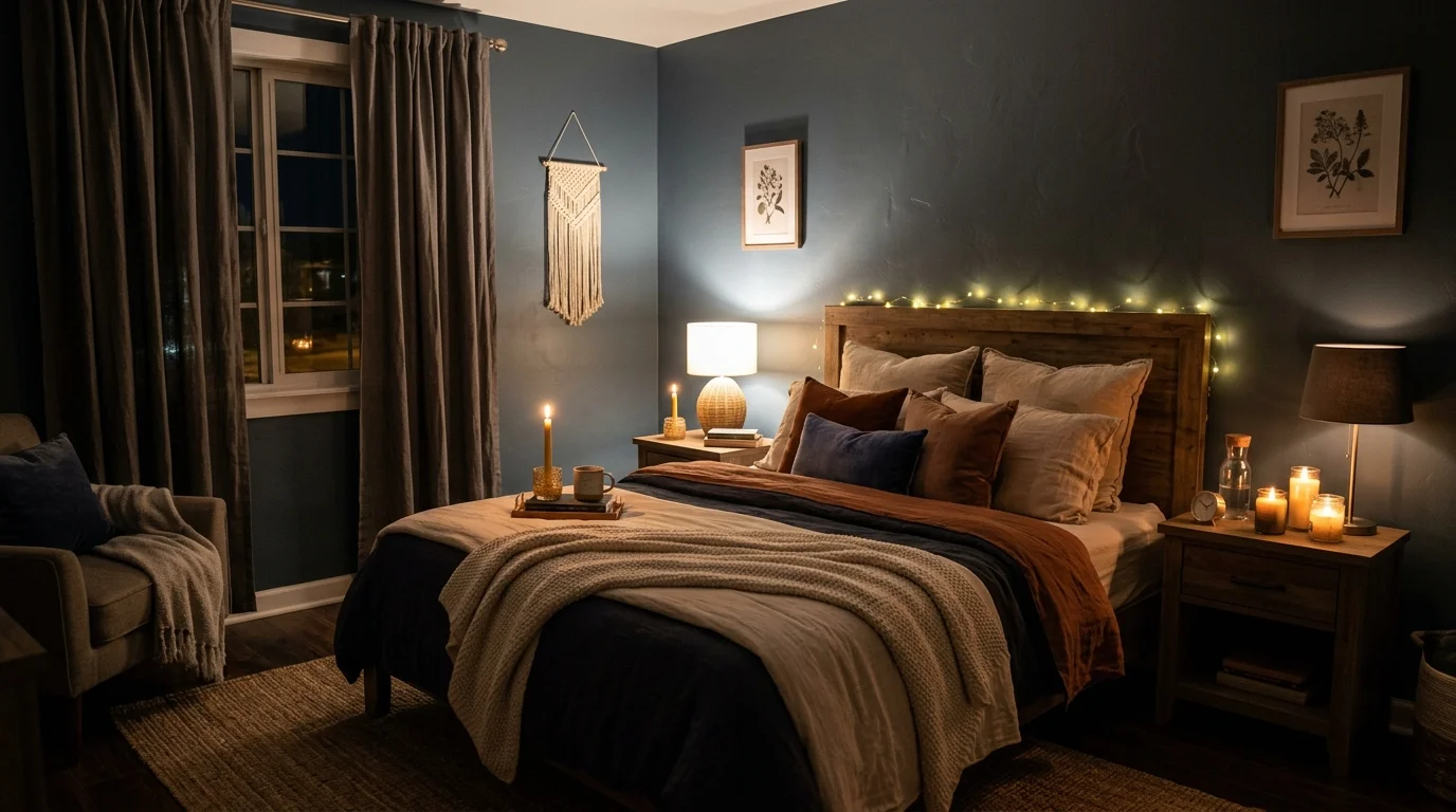 A bedroom with textured wall panels in soft tones adding subtle depth and calm visual interest soft lighting serene design no people