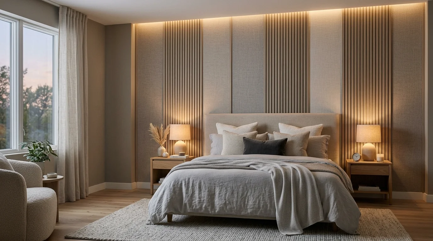 A cozy bedroom corner with a comfortable chair a throw blanket and a small table with a book soft warm lighting relaxing reading nook no people