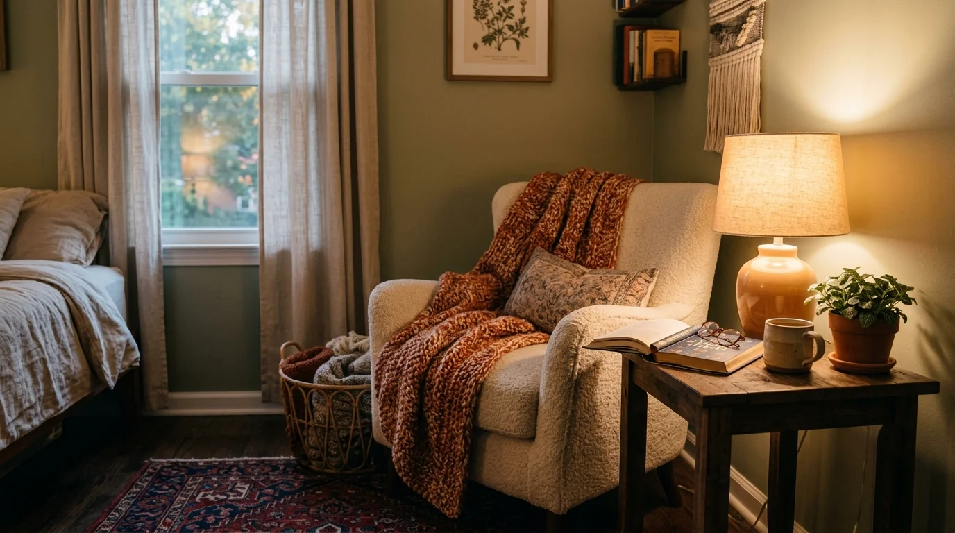A bedroom with a balanced mix of wood fabric and neutral decor elements bright natural lighting harmonious restful sanctuary no people