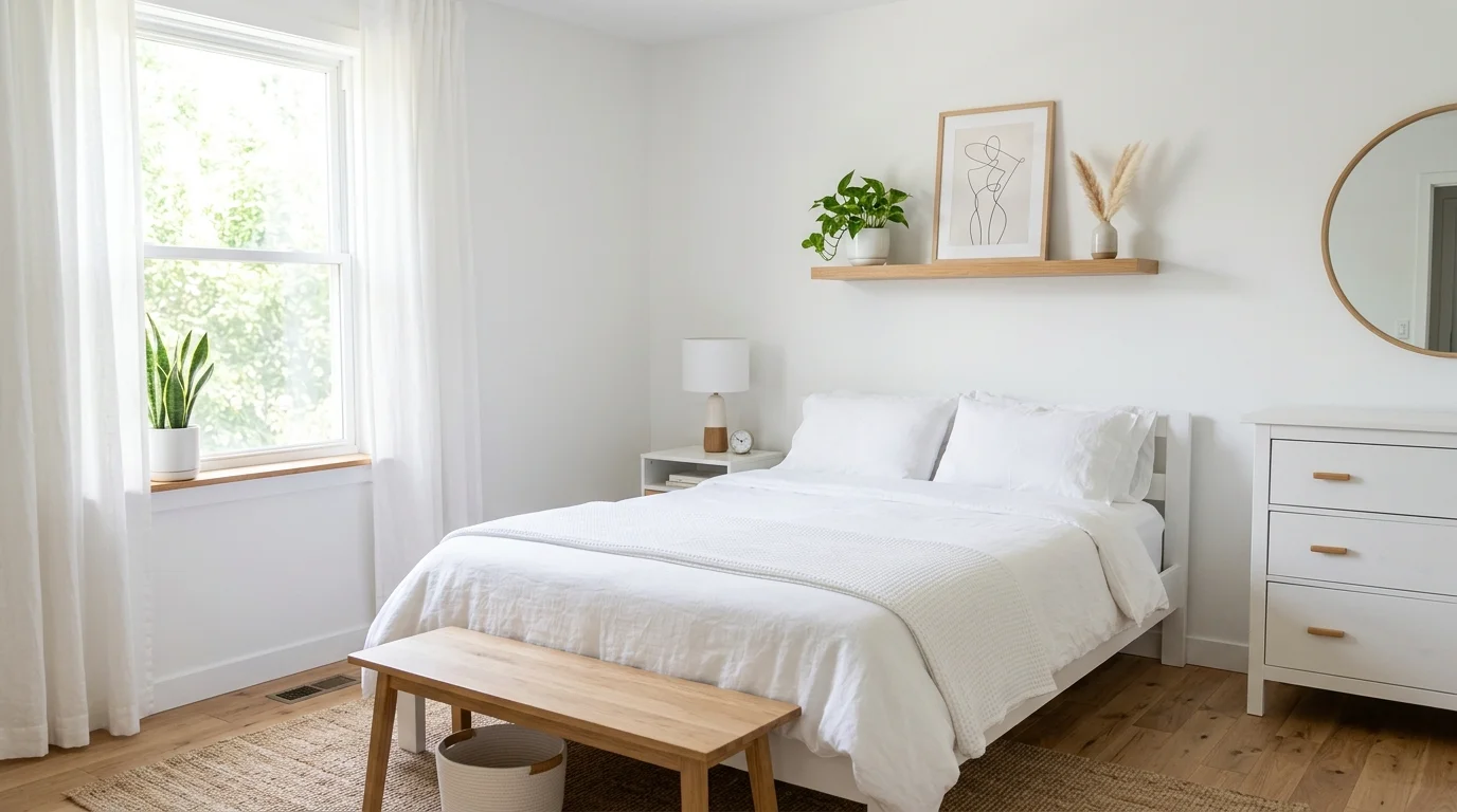 A minimalist bedroom with all white walls bedding and furniture paired with natural wood accents bright natural daylight clean uncluttered aesthetic no people
