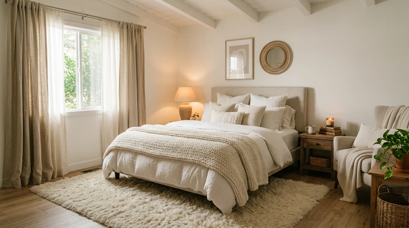 A cozy white bedroom with a plush rug soft throw blankets and layered textures warm diffused lighting inviting peaceful atmosphere no people