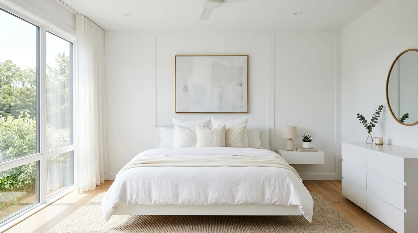 A modern white bedroom with sleek furniture and subtle decor bright natural light sophisticated calming design no people