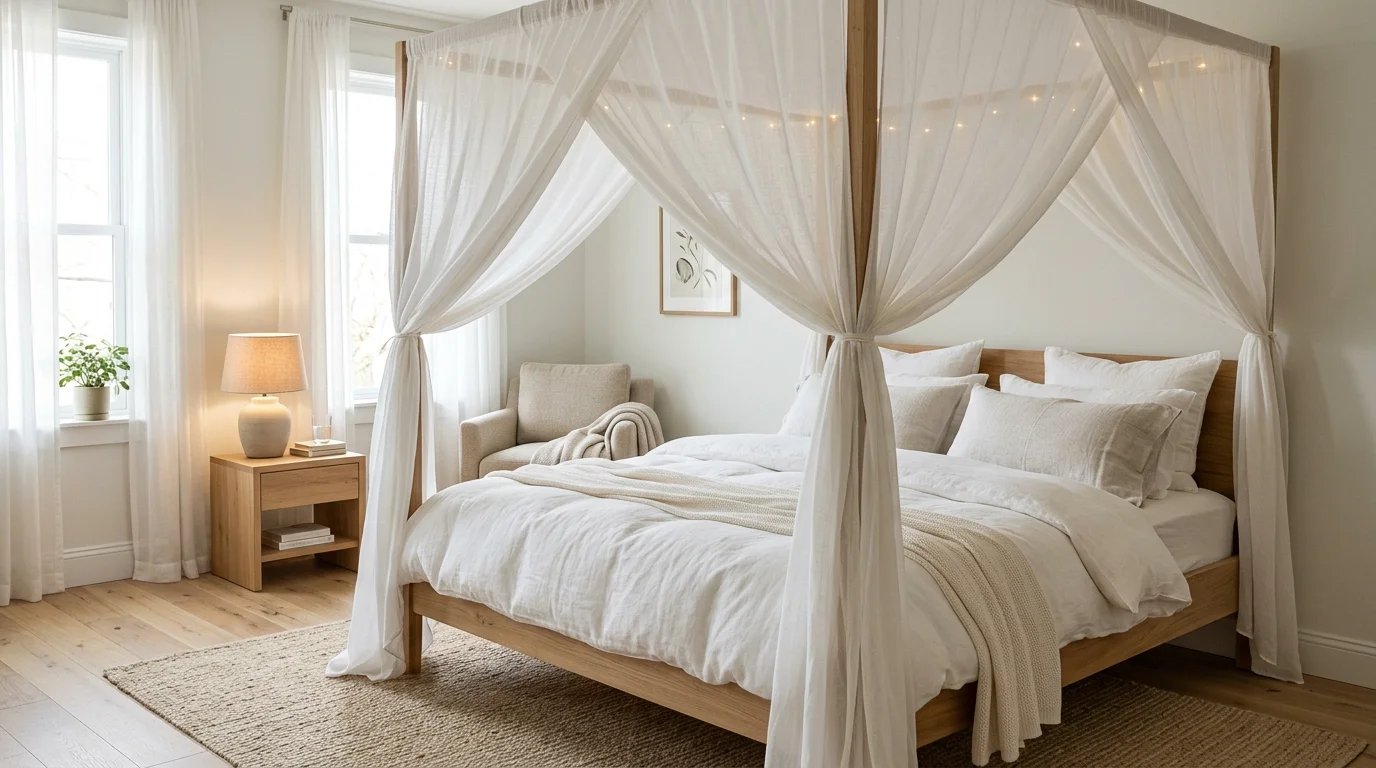A bedroom with a canopy bed draped in white sheer fabric soft lighting dreamy tranquil environment no people