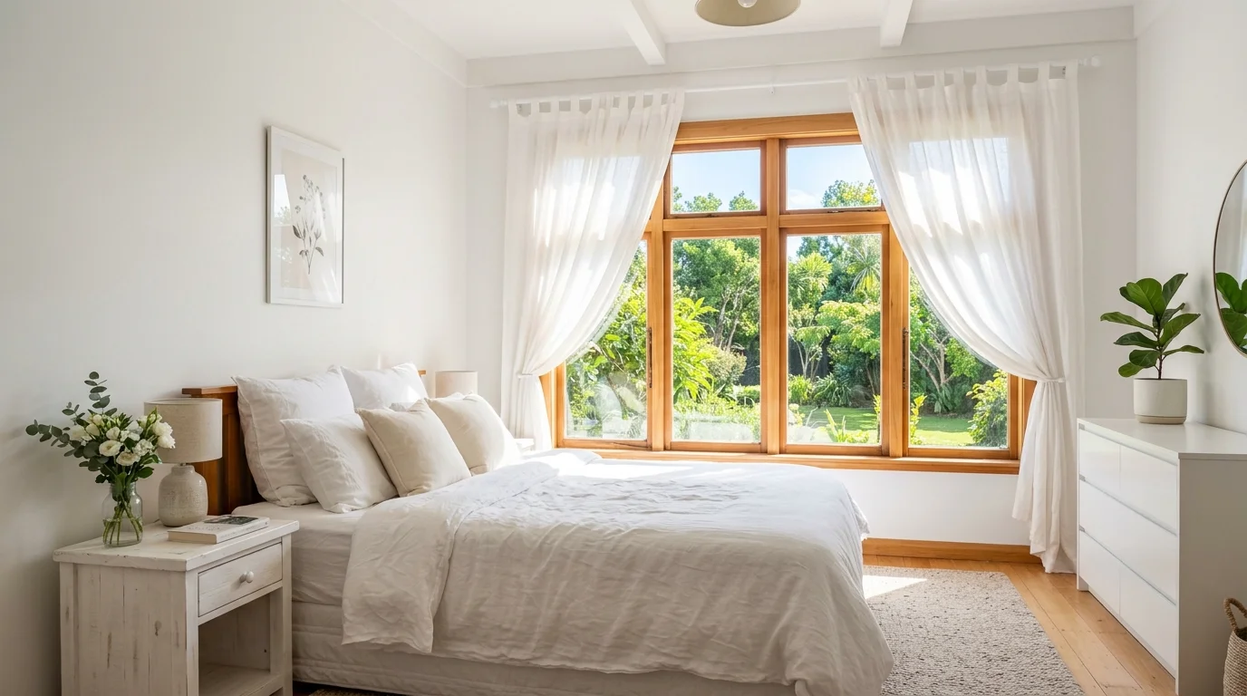 A white bedroom with a large window letting in sunlight paired with light curtains bright natural daylight open airy feel no people