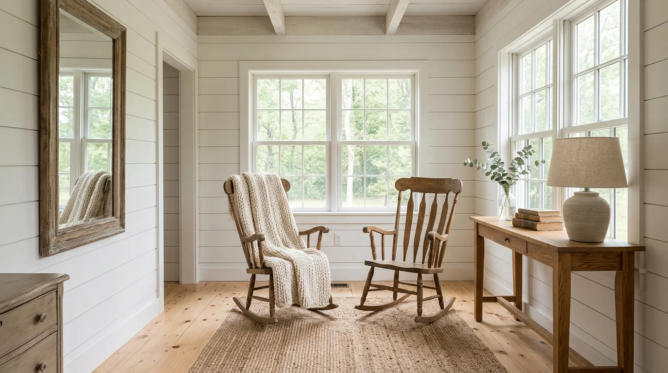 A room with white shiplap walls and simple decor bright natural light farmhouse inspired serene space no people