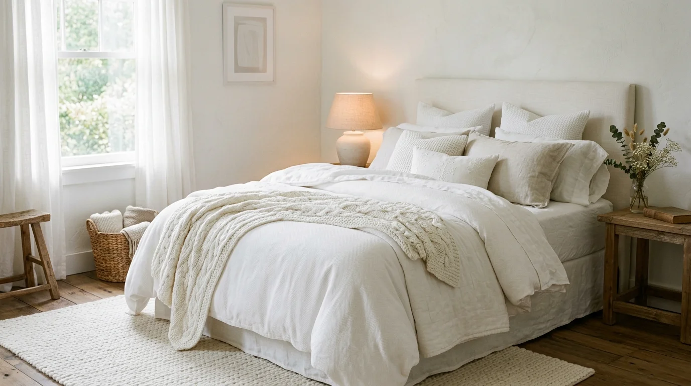 A bedroom with layered white textiles including linen cotton and knit elements soft lighting cozy elegant look no people