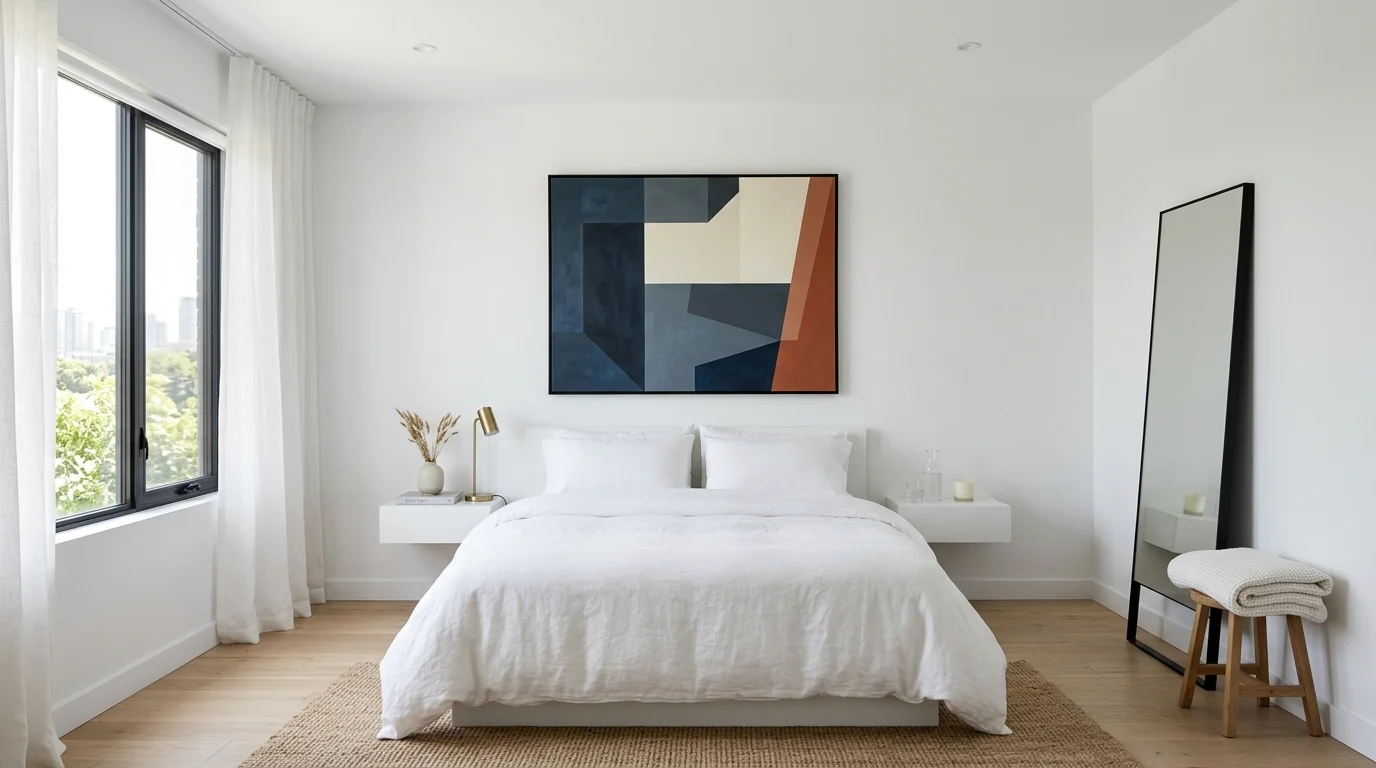 A white bedroom with minimal decor and a single statement piece like artwork bright natural daylight clean modern style no people
