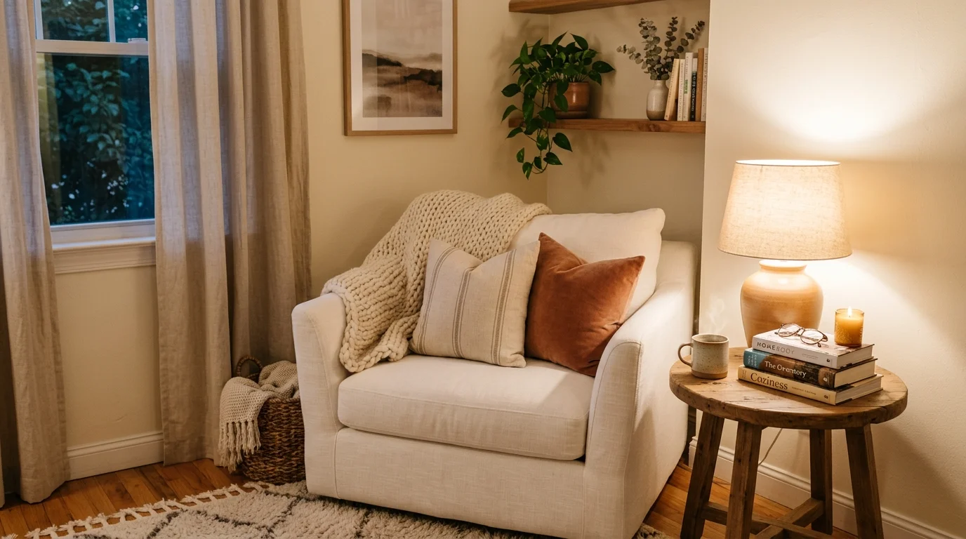 A cozy corner with a white armchair soft cushions and a small table warm lighting relaxing calm nook no people