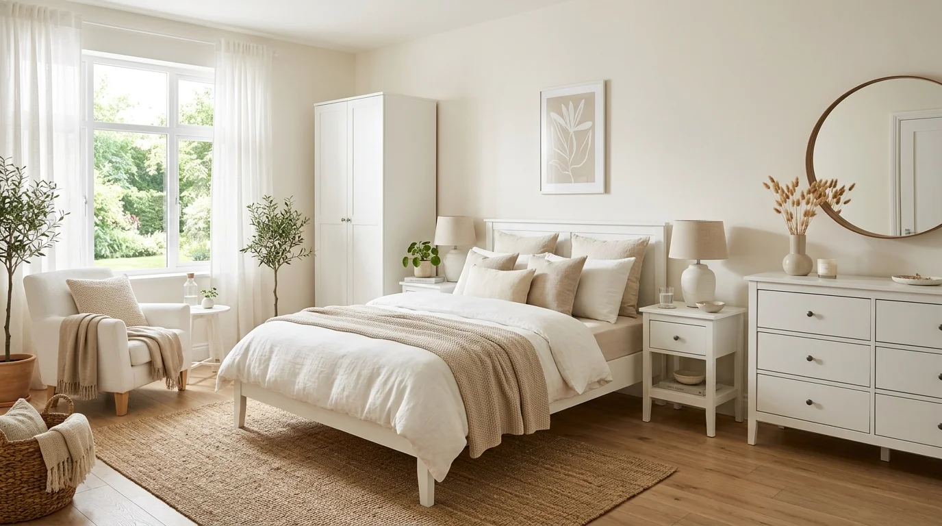 A bedroom with white furniture paired with soft neutral accents bright natural light balanced calming design no people