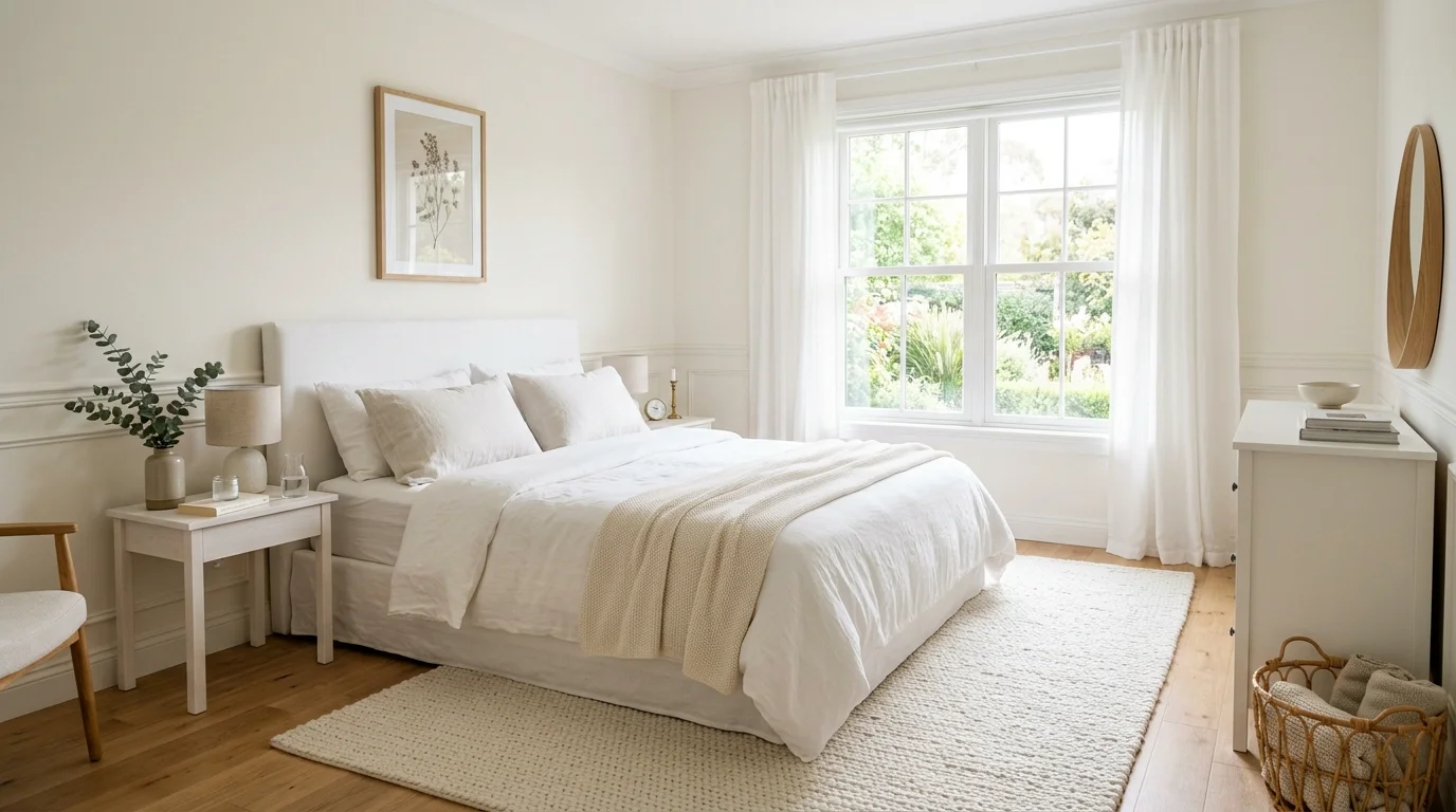 A white bedroom with a textured rug and subtle decor elements bright natural daylight understated elegant aesthetic no people