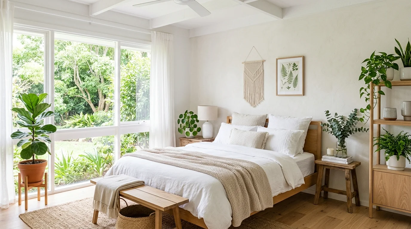 A serene bedroom with white tones and greenery accents bright natural light fresh calming sanctuary no people