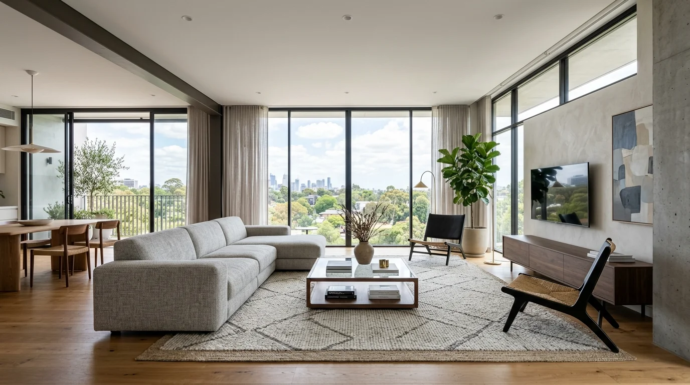 Modern living room with low-profile furniture, open layout, floor-to-ceiling windows, and subtle textures for refined contemporary style no people