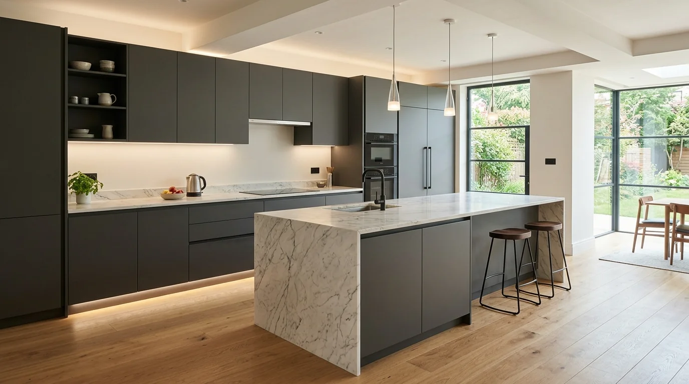 Contemporary kitchen with handleless cabinets, waterfall island, integrated appliances, and soft lighting for seamless modern design no people
