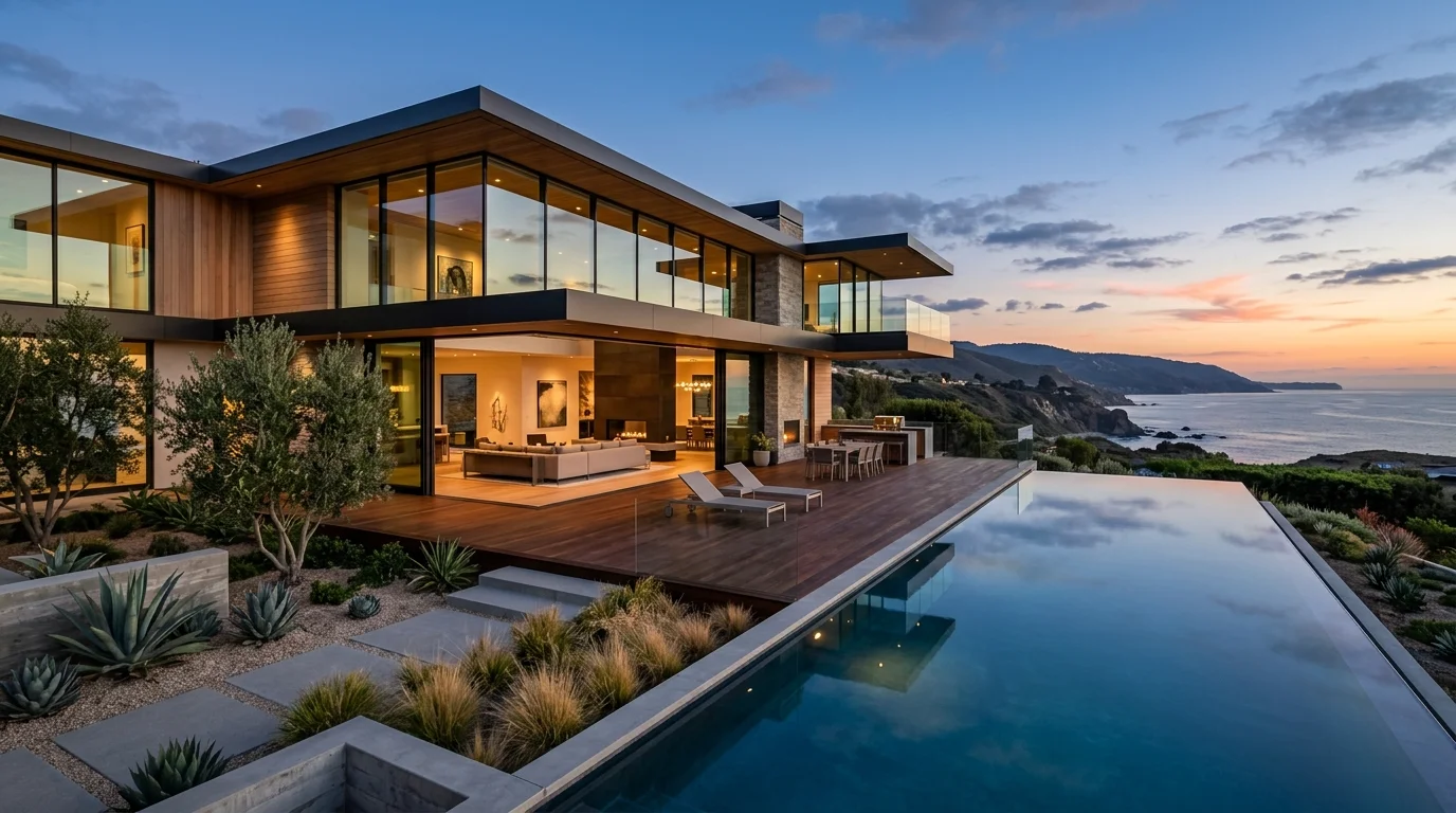 Luxury contemporary home with glass walls, indoor-outdoor flow, infinity pool, and minimalist landscaping for upscale modern lifestyle no people